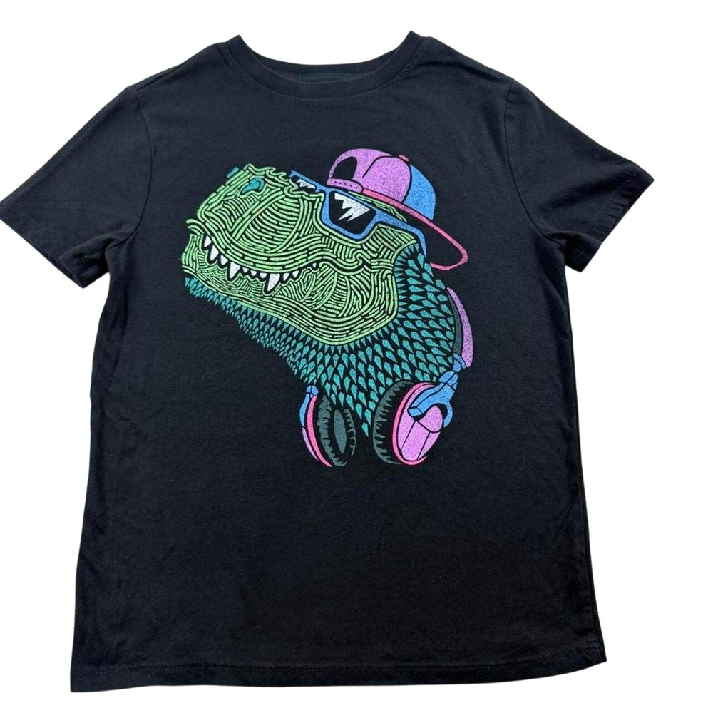Cat & Jack Boys Small 6/7 Graphic Dino T Shirt Black Neon T-Rex DJ Tee SET of 2!